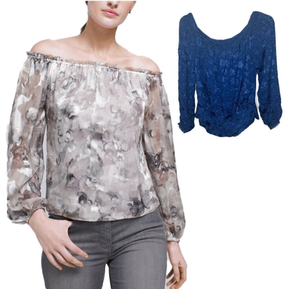 WHITE HOUSE BLACK MARKET Burnt out silk Embroidered Off-The-Shoulder Blouse M